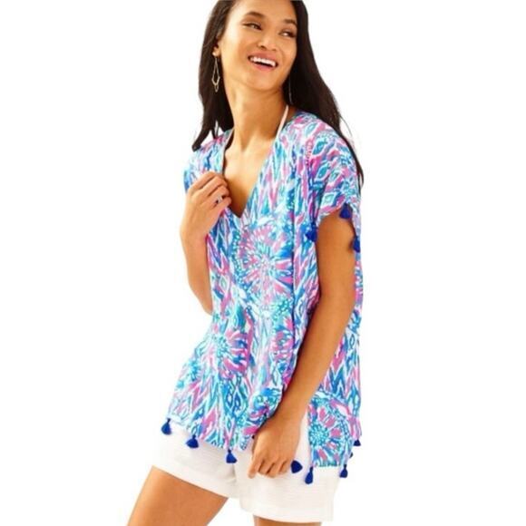 Lilly Pulitzer Women XS Top Tunic‎ Short Sleeve Sydney Caftan Pink Blue Tassels - Picture 3 of 16